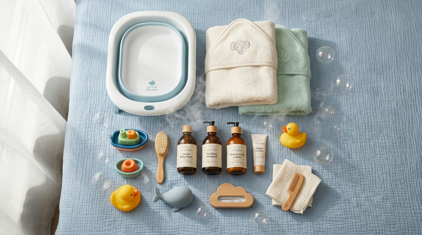 AI_IMAGE: A beautifully arranged flat lay of premium baby bath products including soft hooded towels, foldable bathtub, baby shampoo bottles on a soft blue pastel background | photorealistic | square
