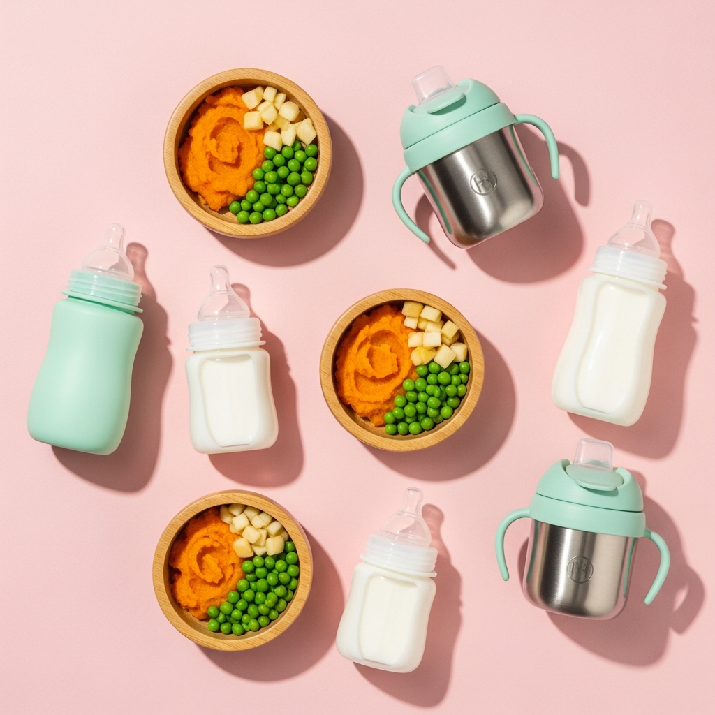 AI_IMAGE: A beautifully arranged flat lay of premium baby feeding products including mint green silicone bottles, bamboo bowls, and stainless steel sippy cups on a soft pink background with gentle shadows | photorealistic | square