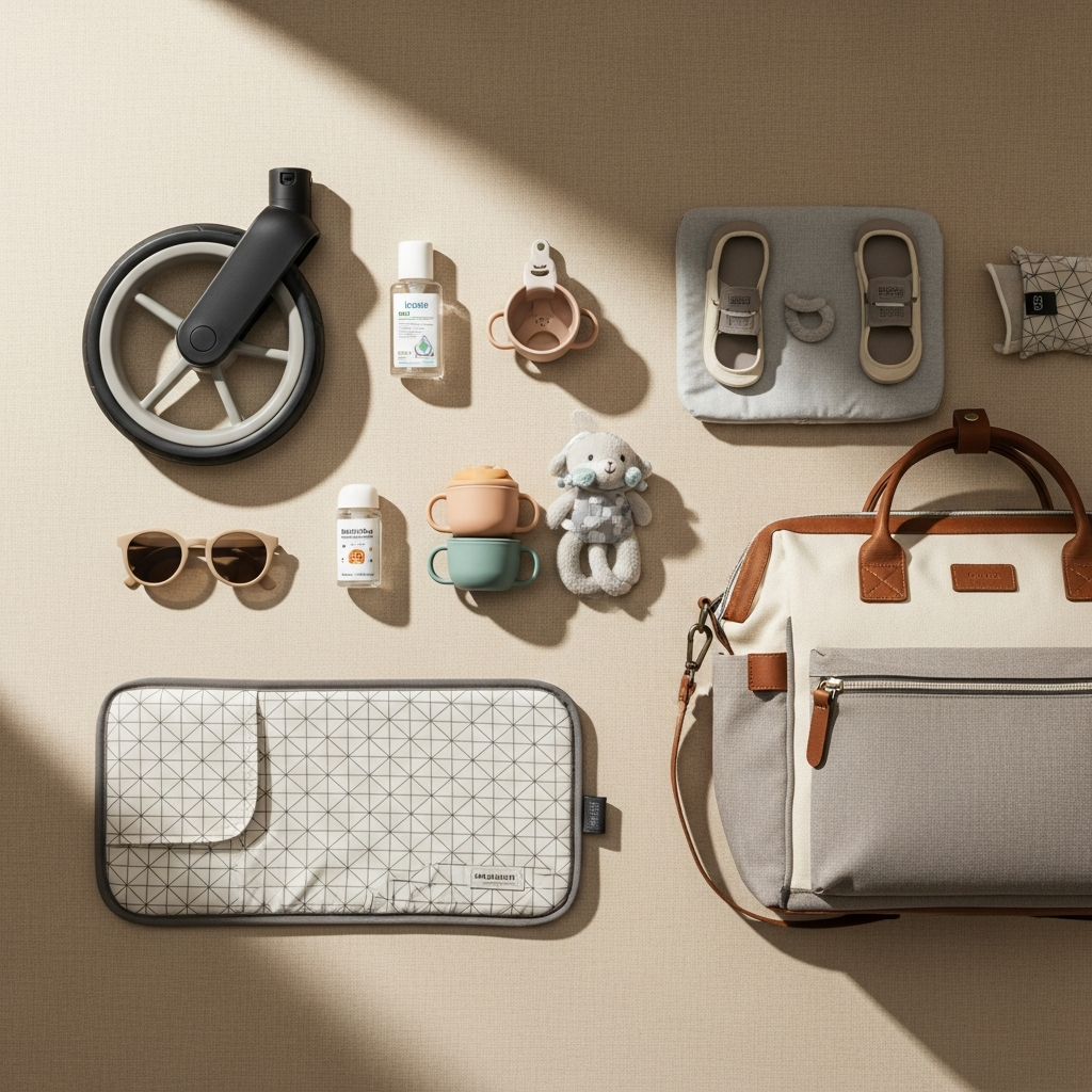 AI_IMAGE: A stylish flat lay of modern baby gear including a minimalist stroller wheel, diaper bag, portable changing mat, and travel accessories on a warm beige background | photorealistic | square