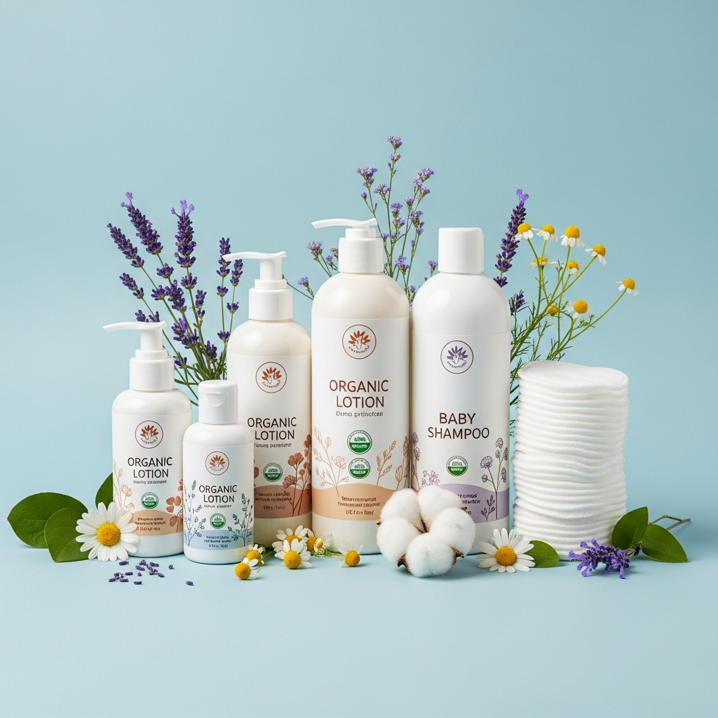 AI_IMAGE: A serene arrangement of natural baby skincare products including organic lotion bottles, gentle shampoo, and cotton pads arranged on a soft blue pastel background with botanical elements | photorealistic | square