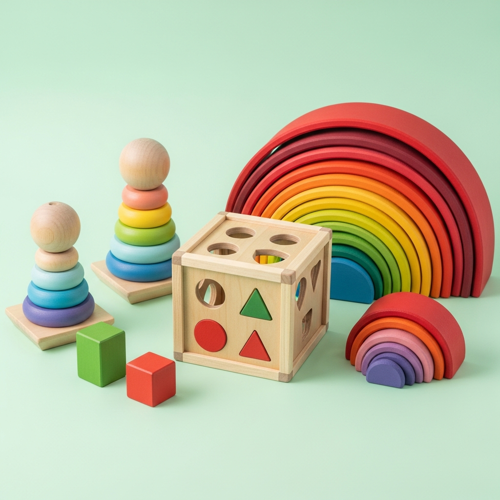 AI_IMAGE: A colorful arrangement of premium wooden Montessori toys including stacking rings, shape sorters, and rainbow arches on a light mint green background with soft natural lighting | photorealistic | square