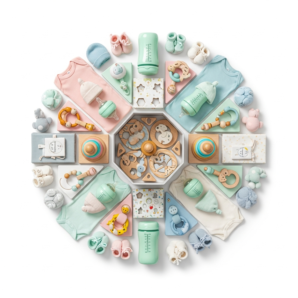 AI_IMAGE: Top-down view of an oversized circular product collage resembling an open toy box filled with modern, high-quality baby and maternity products like wooden Montessori toys, cute pastel baby clothes, and premium mint green feeding bottles, arranged in a visually pleasing highly symmetric geometric pattern on a pure white background | photorealistic | square