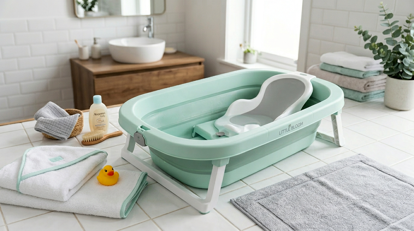 AI_IMAGE: A modern foldable baby bathtub in soft mint green with ergonomic support on a white background | photorealistic | square