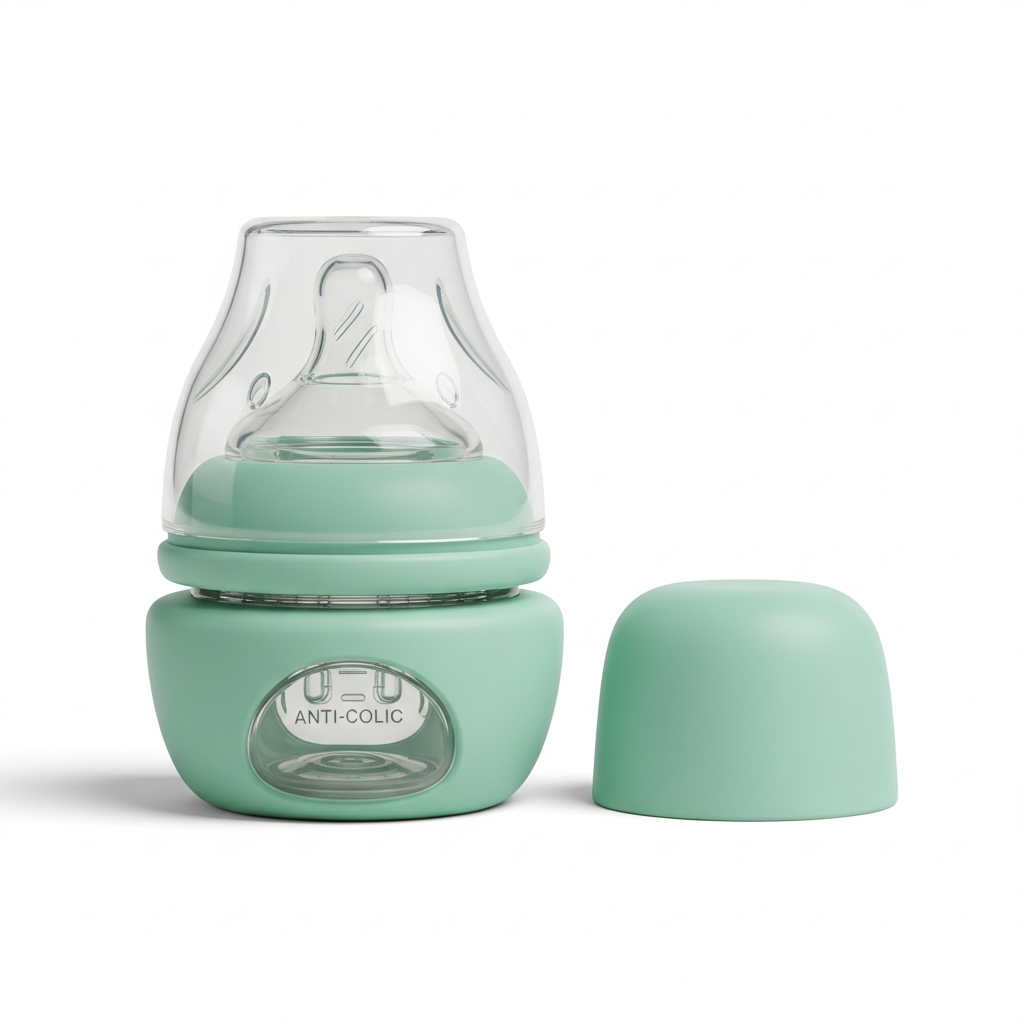AI_IMAGE: A single premium mint green silicone baby bottle with anti-colic design on a clean white background with soft shadow, studio product photography | photorealistic | square