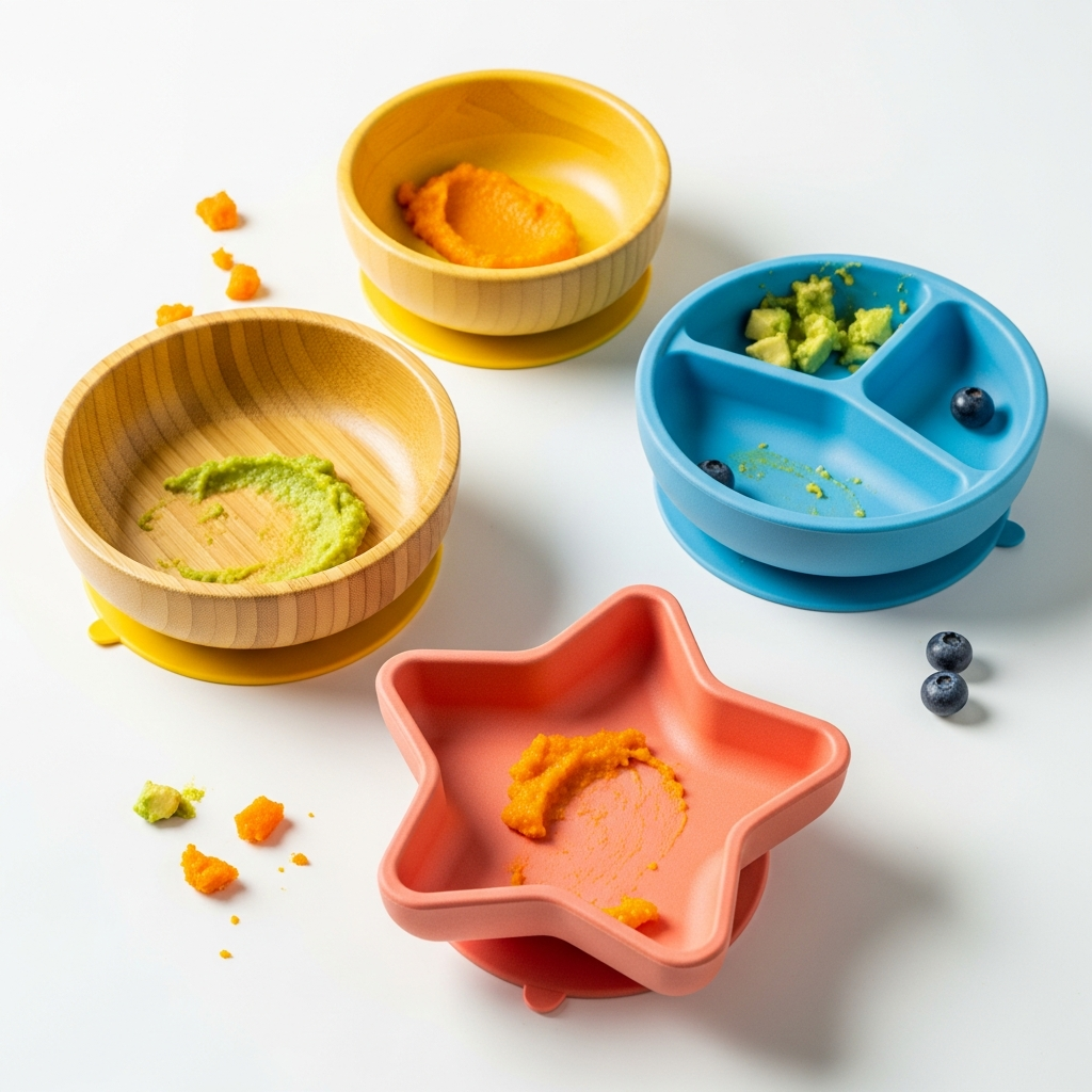 AI_IMAGE: A set of colorful bamboo fiber baby bowls and plates with suction base in mint green, coral pink, and sky blue colors on a clean white surface | photorealistic | square