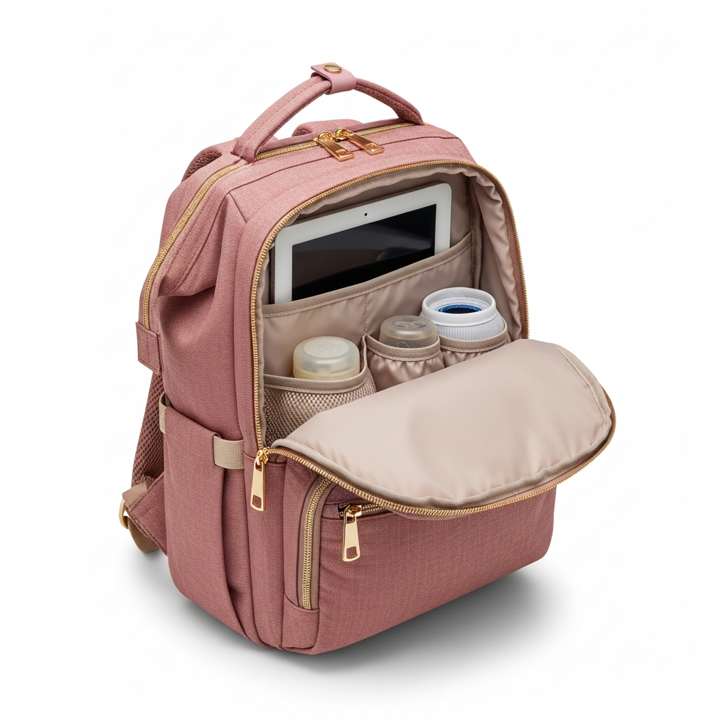AI_IMAGE: A stylish modern diaper bag backpack in dusty rose color with gold zippers and multiple compartments, shown open to reveal organized interior, on white background | photorealistic | square