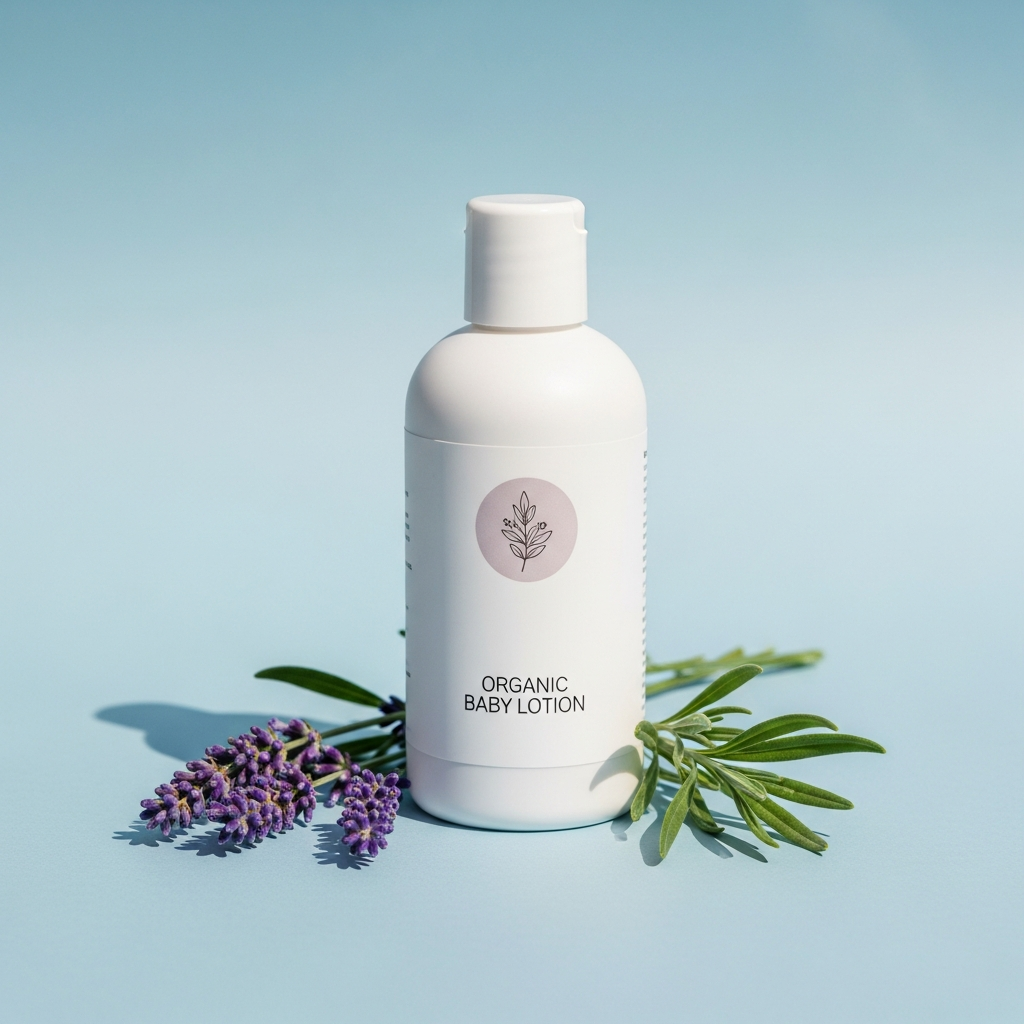 AI_IMAGE: A premium organic baby lotion bottle with minimalist label design next to fresh lavender sprigs on a soft pastel blue background, clean product photography | photorealistic | square