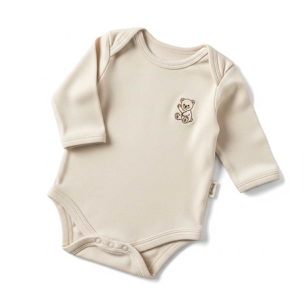 AI_IMAGE: A cute organic cotton baby onesie in soft cream color with tiny bear embroidery detail, folded neatly on white background with gentle shadows | photorealistic | square