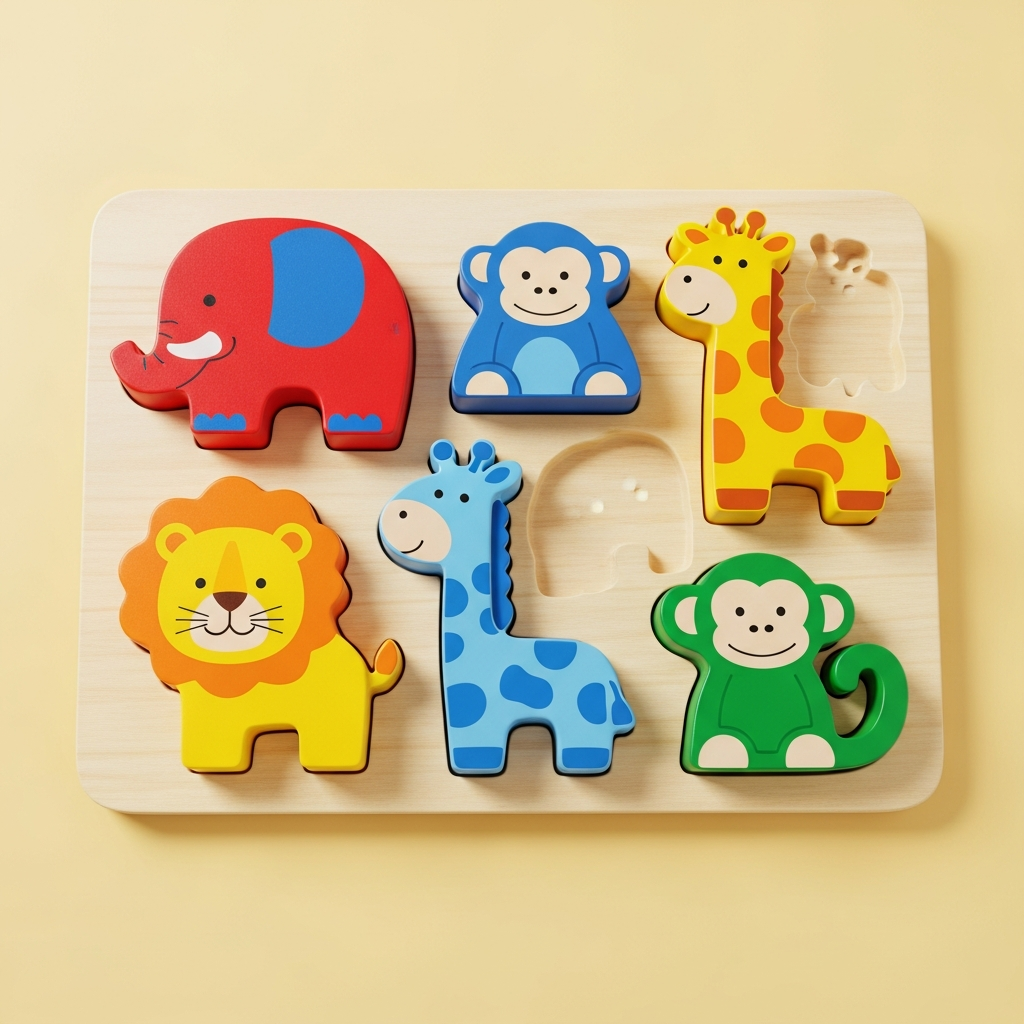 AI_IMAGE: A colorful wooden animal puzzle board for toddlers with chunky pieces showing farm animals, on a light yellow background with cheerful natural lighting | photorealistic | square