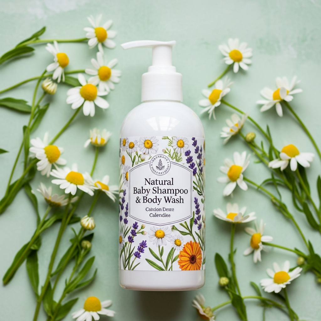 AI_IMAGE: A natural baby shampoo and body wash bottle with botanical illustrations on the label, surrounded by chamomile flowers on a soft mint green background | photorealistic | square