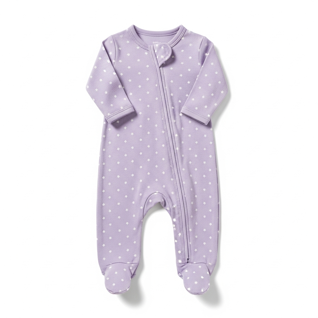 AI_IMAGE: An adorable baby sleep suit in soft lavender with delicate star pattern, displayed flat on a white background with tiny matching socks beside it | photorealistic | square