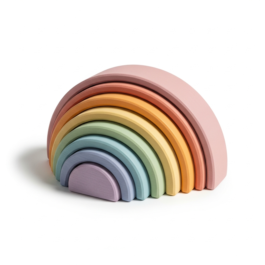 AI_IMAGE: A beautiful wooden rainbow stacking toy with pastel colored arches in Montessori style on a clean white background with soft natural lighting | photorealistic | square