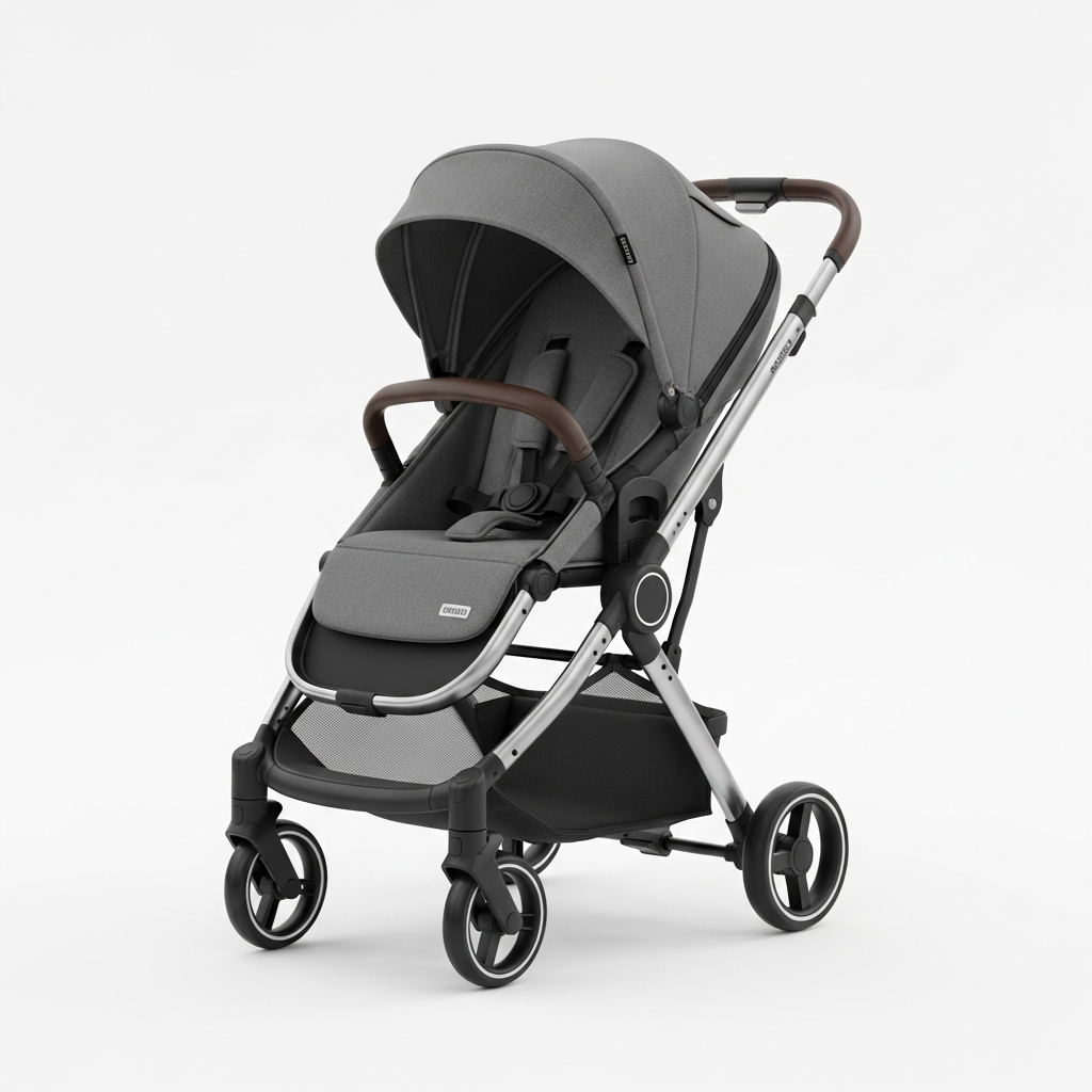 AI_IMAGE: A sleek modern lightweight baby stroller in charcoal gray with minimalist design on a white background, showing the full stroller from a three-quarter angle | photorealistic | square