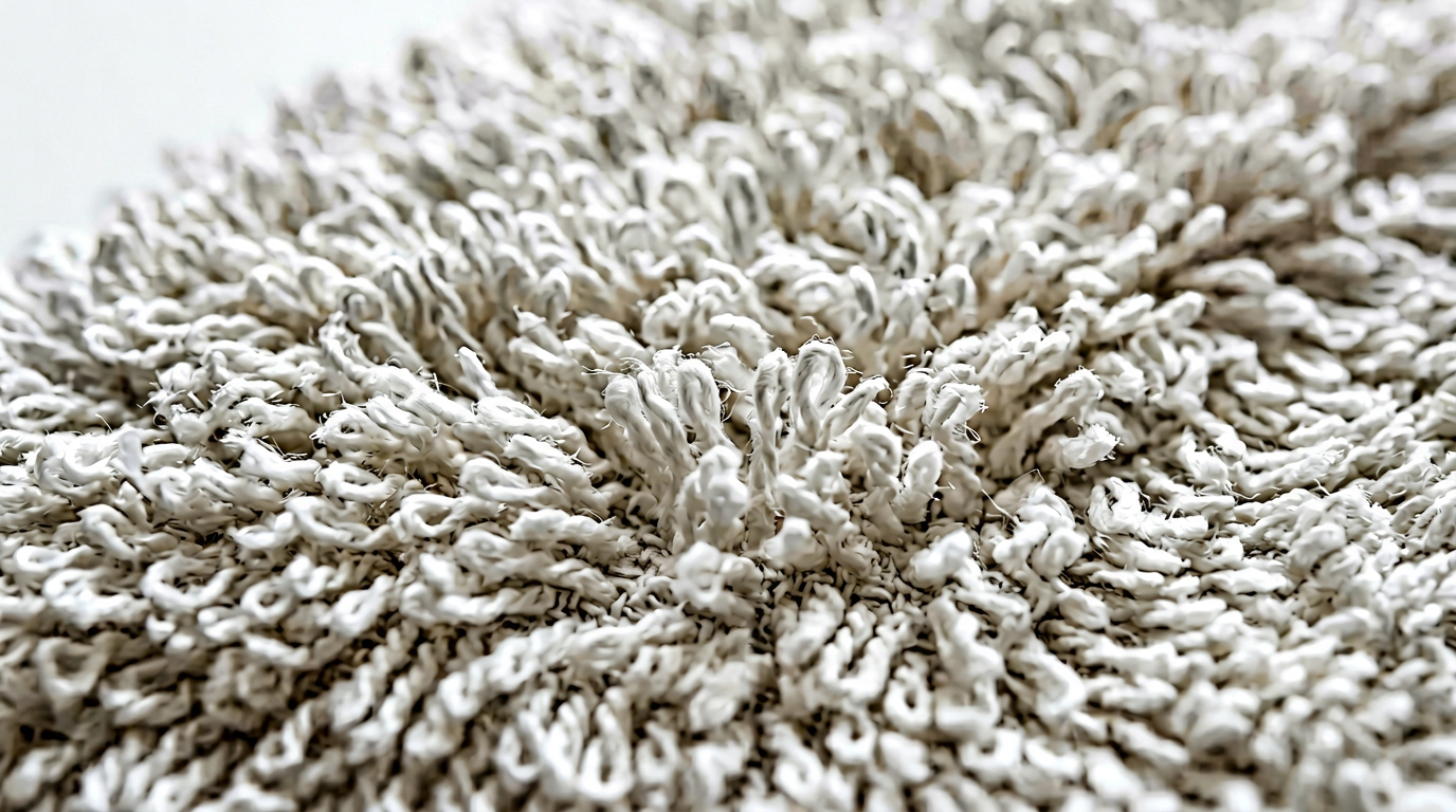 AI_IMAGE: Close-up detail of soft organic cotton terry cloth texture showing the plush loops on the towel surface, on white background | photorealistic | square