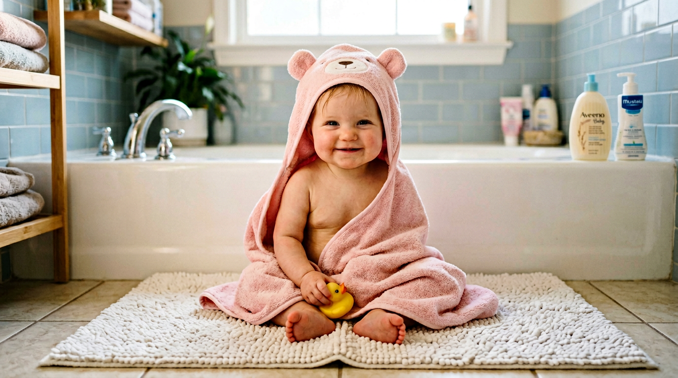 AI_IMAGE: A happy baby wrapped in a soft pink hooded towel with bear ears, sitting on a bathmat with a content smile, warm bathroom lighting | photorealistic | square