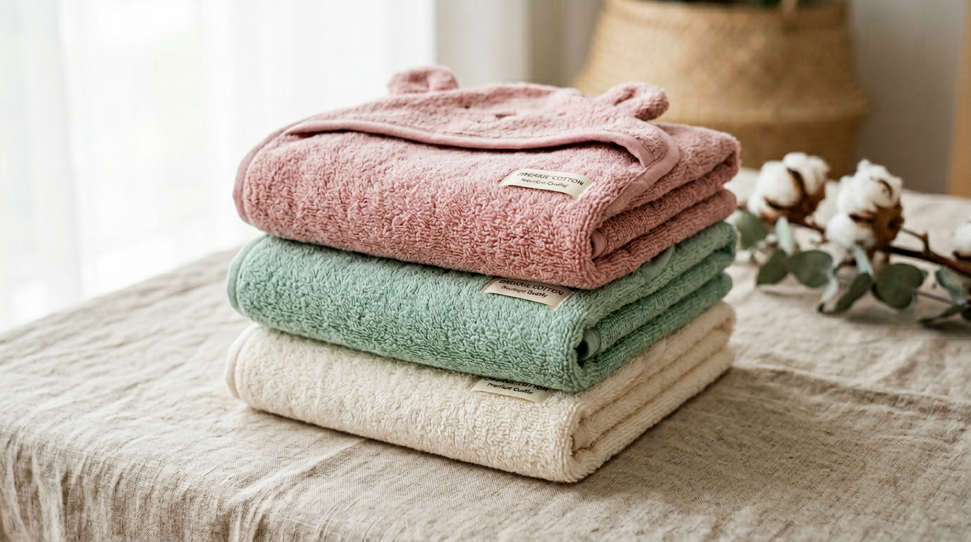 AI_IMAGE: A stack of folded organic cotton hooded towels in soft pink, mint green and cream colors, showing the color options available | photorealistic | square