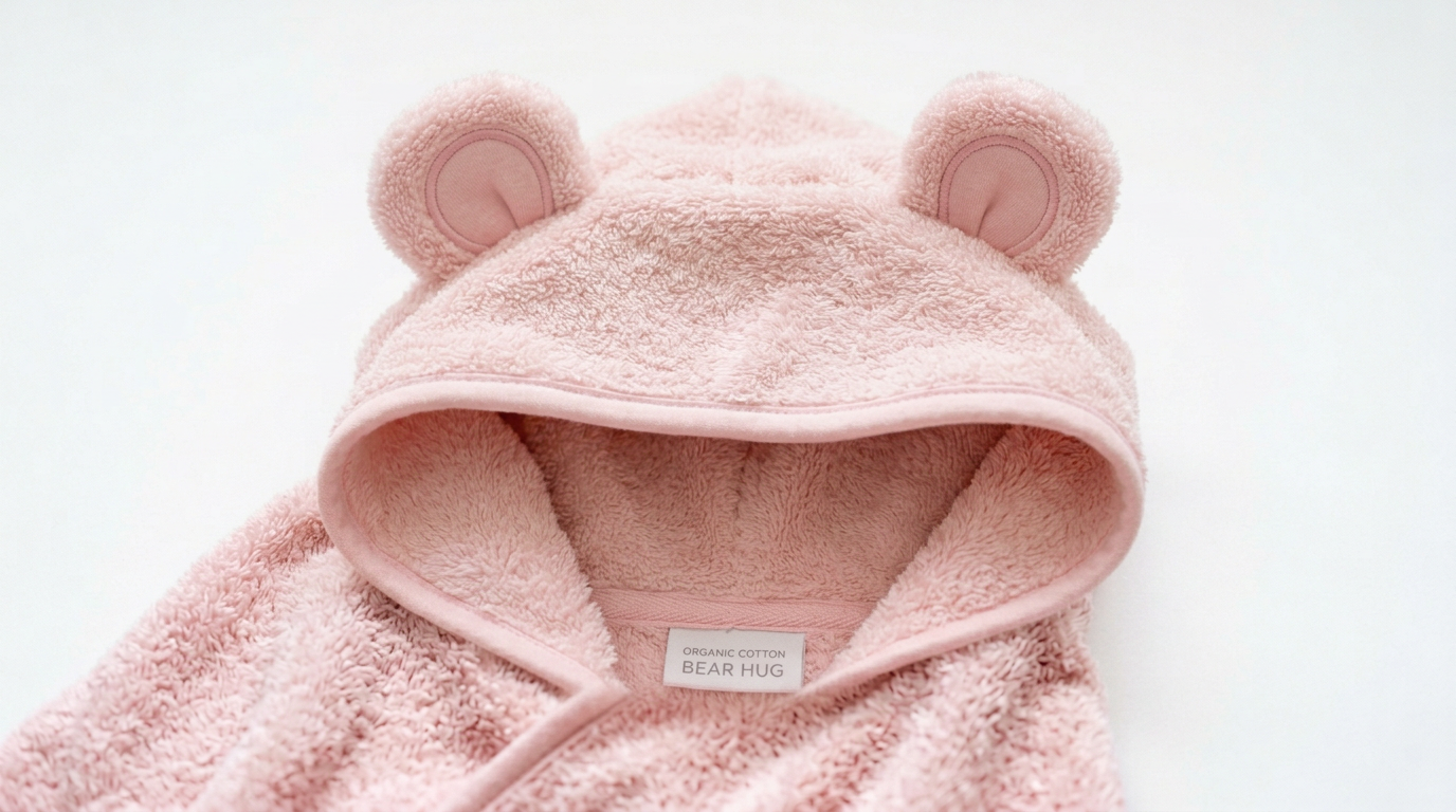 AI_IMAGE: A super soft organic cotton hooded baby bath towel in soft pink with cute bear ears on the hood, shown being held open on a warm beige bathroom background with gentle steam, photorealistic, square