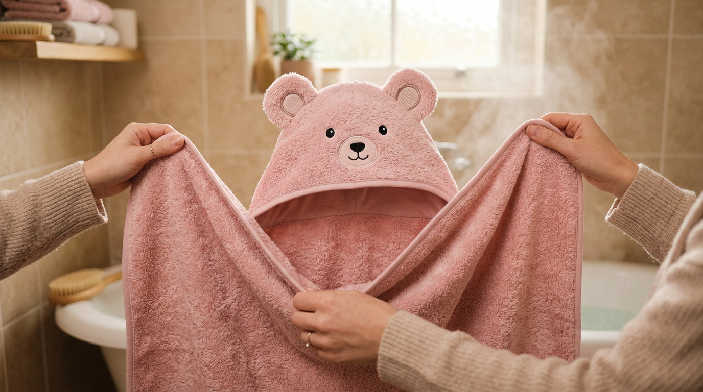 AI_IMAGE: A super soft organic cotton hooded baby bath towel in soft pink with cute bear ears on the hood on a warm beige background | photorealistic | square
